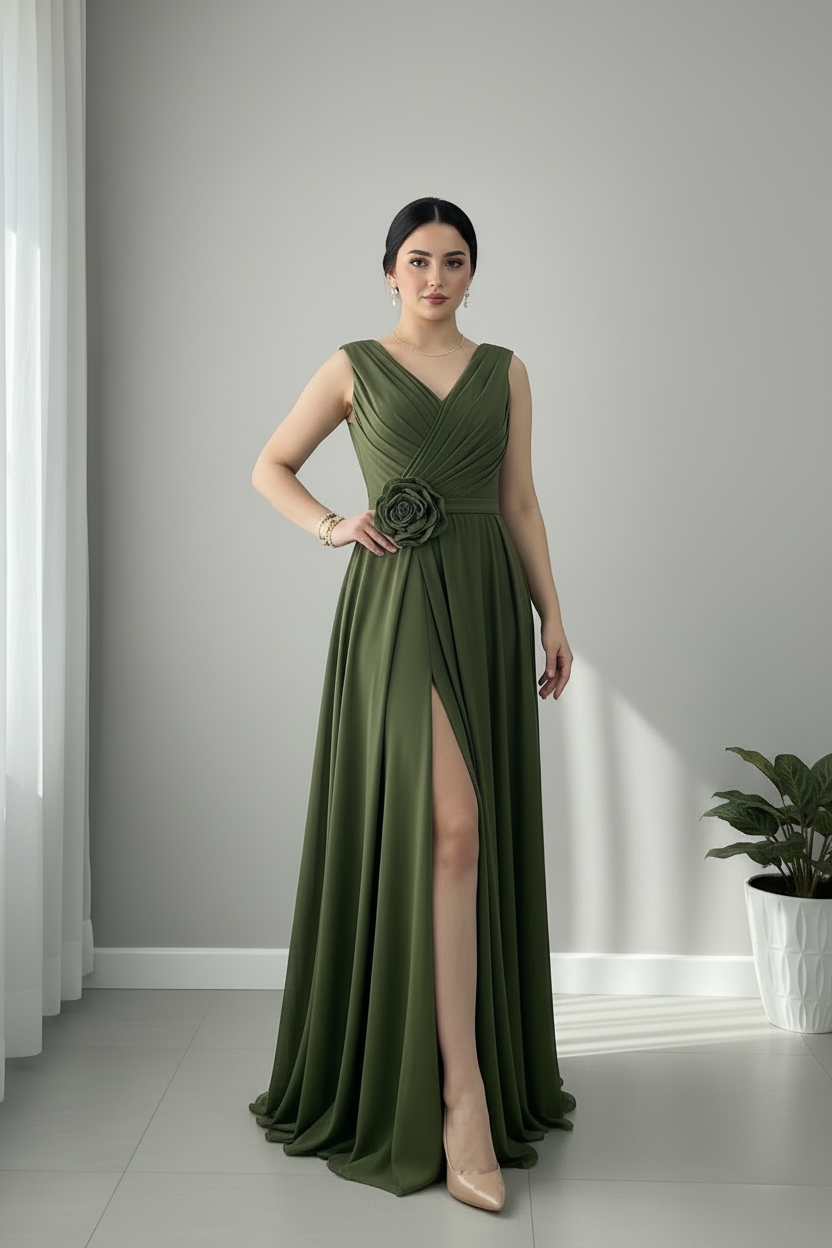 Vestido Largo Verde Oliva — Escote V Cruzado, Rosa 3D Cintura & Abertura Frontal cod.888