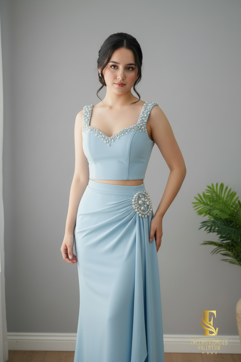 Conjunto Dos Piezas Azul Cielo con Perlas cod. C235