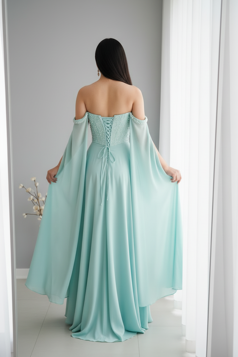 Vestido Aqua Off-Shoulder Corsé de Perlas con Capa de Gasa cod.V550