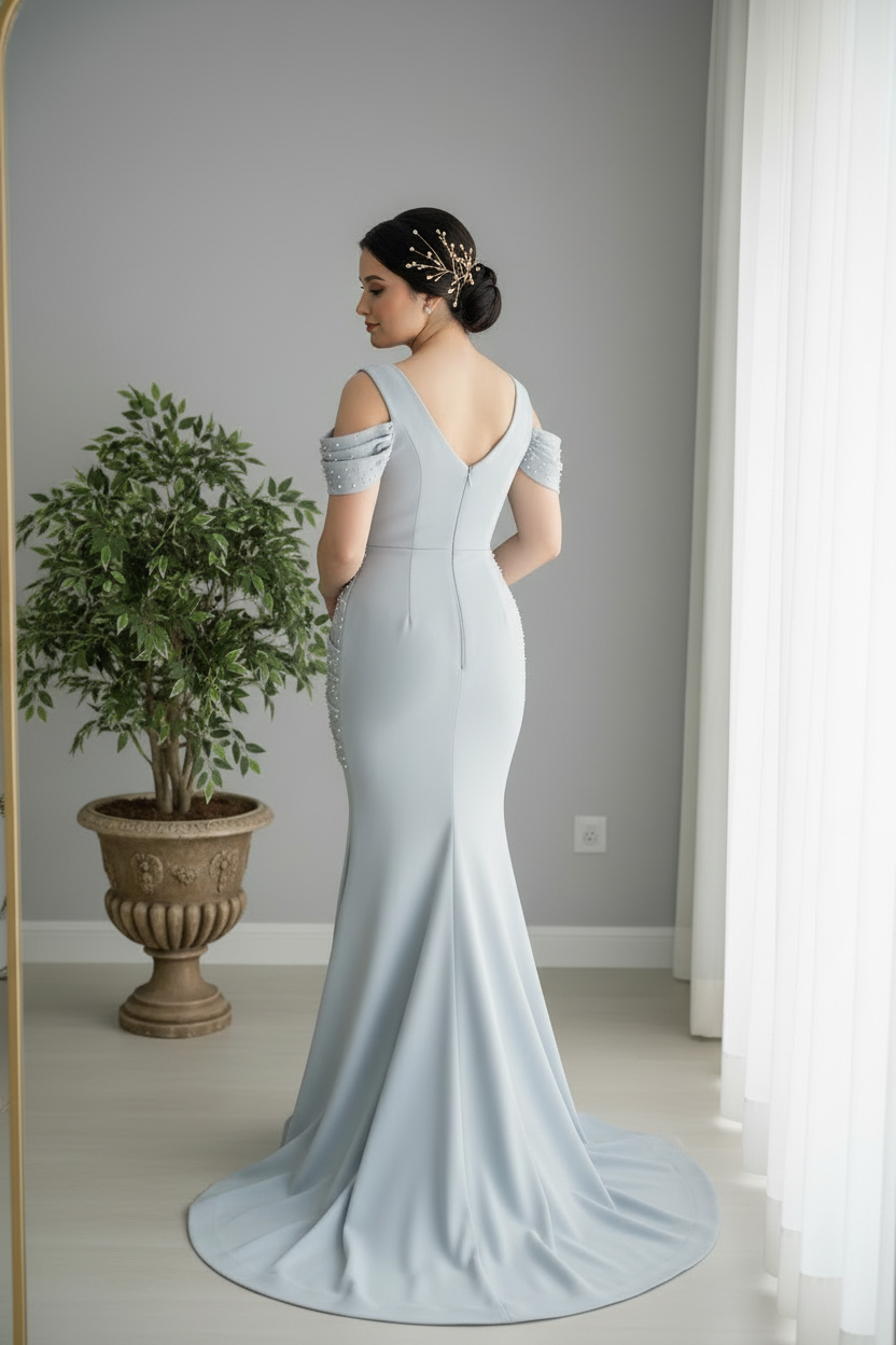Vestido Azul Polvos Cold-Shoulder Perlas Abertura cod.0019