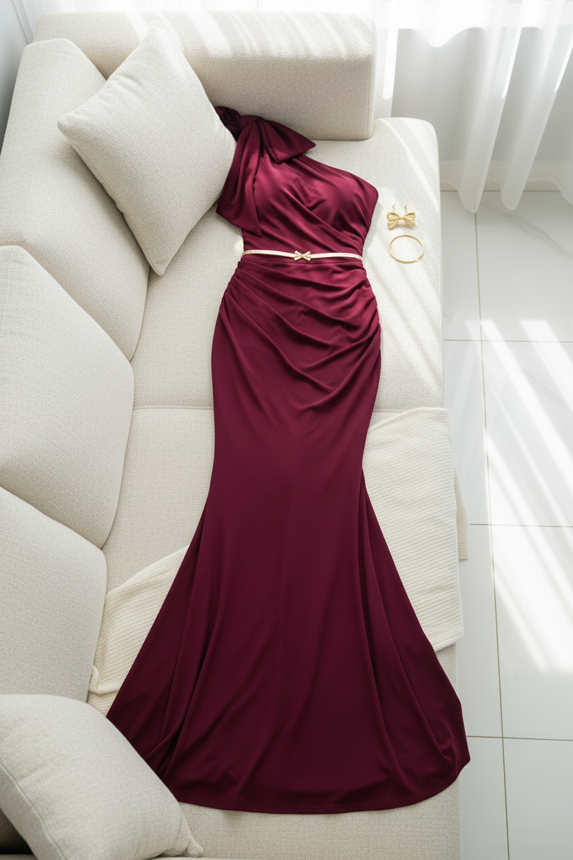 Vestido Vino Un Hombro Lazo Dorado cod.V308