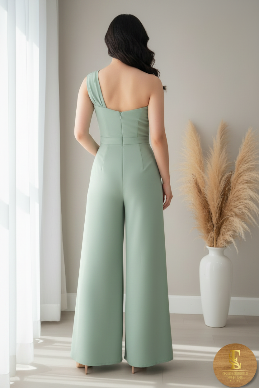 Enterizo Verde Menta One-Shoulder Palazzo Drapeado Broche Cristales cod.00110