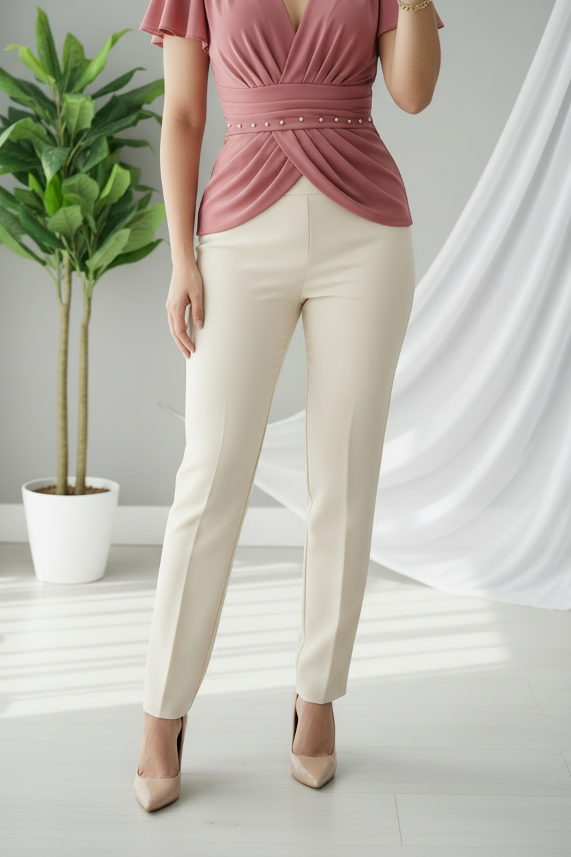 Pantalón Recto Crema de Tiro Alto cod.P607