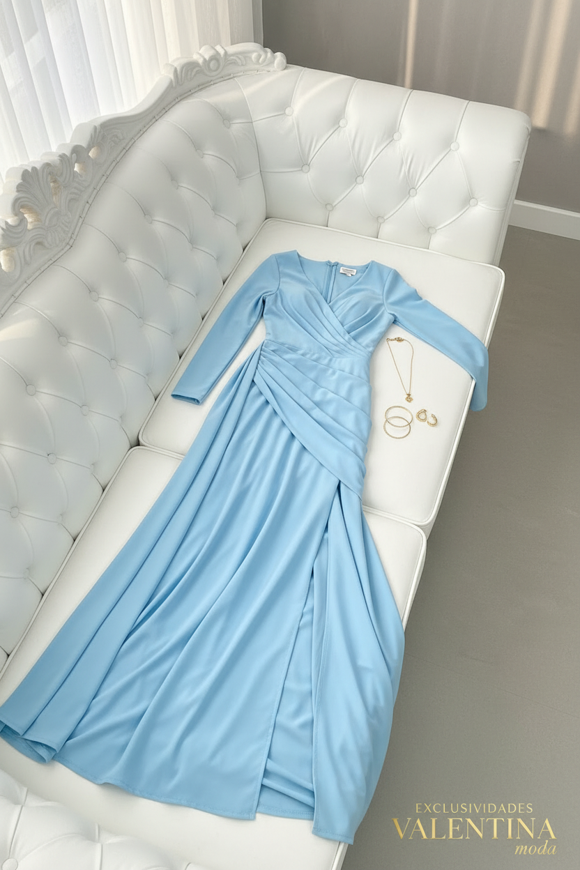 Vestido Largo Azul Cielo Manga Larga con Abertura cod.V713