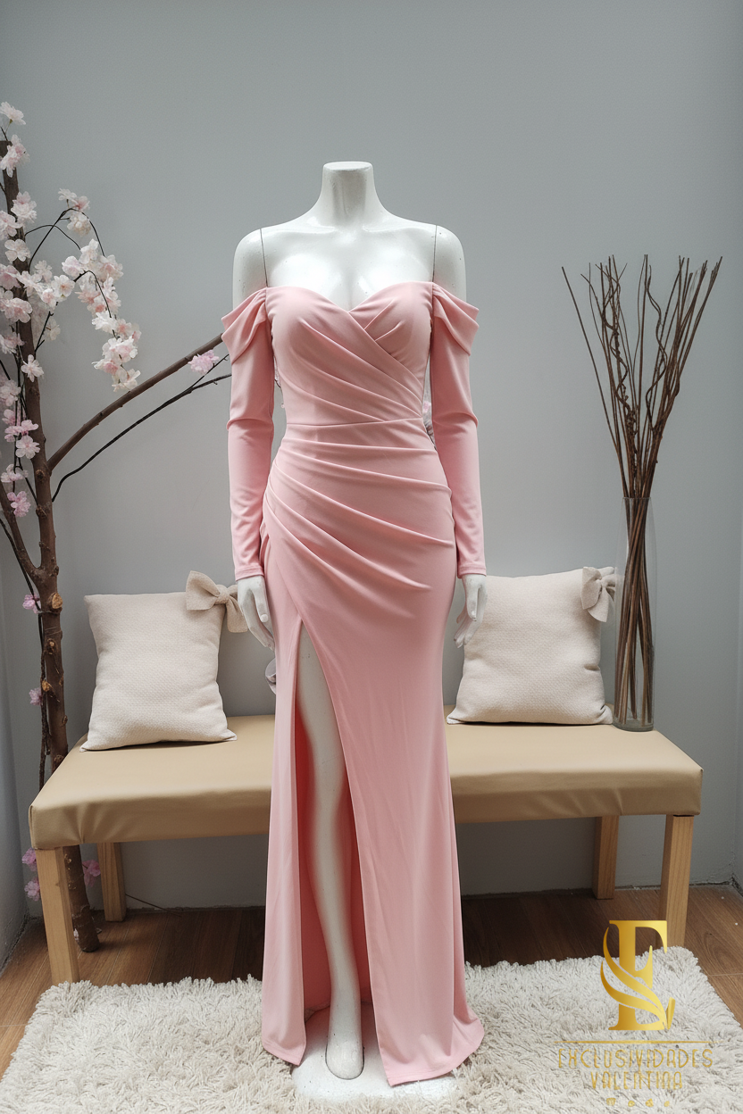 Vestido Rosado Off-Shoulder Manga Larga Drapeado cod.V346