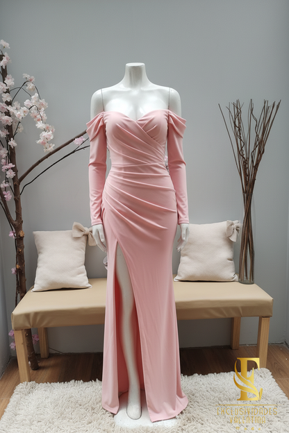 Vestido Rosado Off-Shoulder Manga Larga Drapeado cod.V346