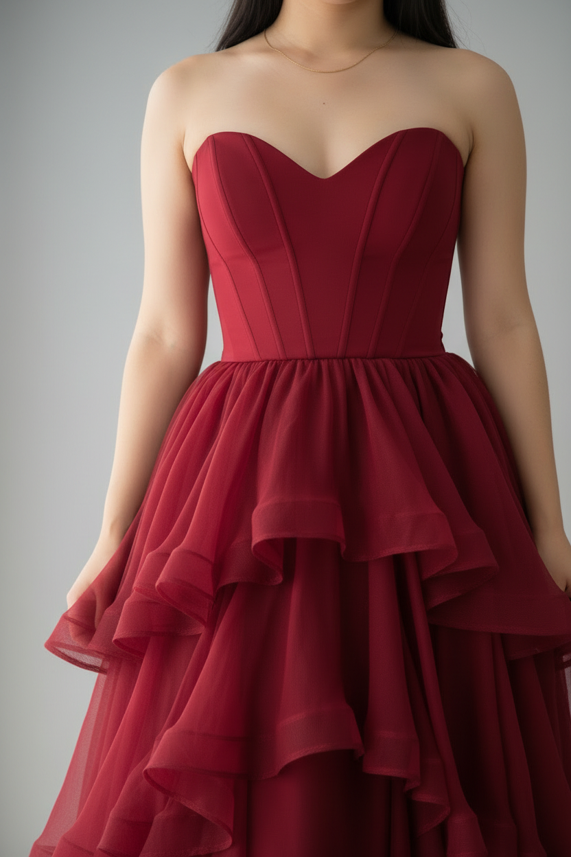Vestido Rojo Vino Strapless Corsé Tul Multicapa Volantes cod.V0034
