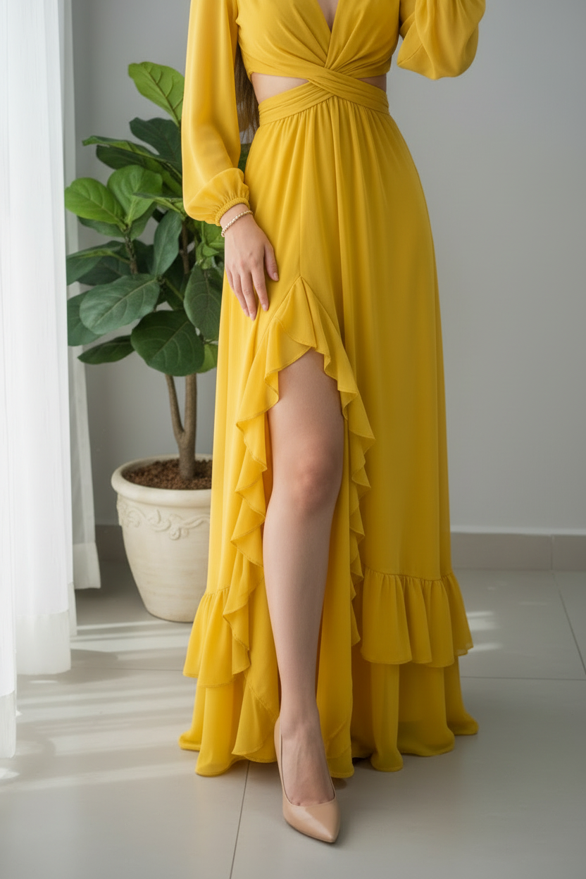 Vestido Amarillo Mostaza Maxi con Volantes cod.948