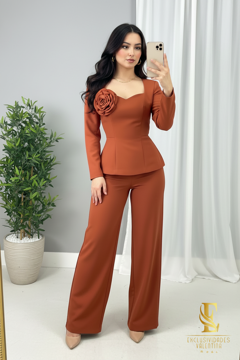 Conjunto Terracota — Blazer Peplum Rosa 3D & Palazzo cod.0035