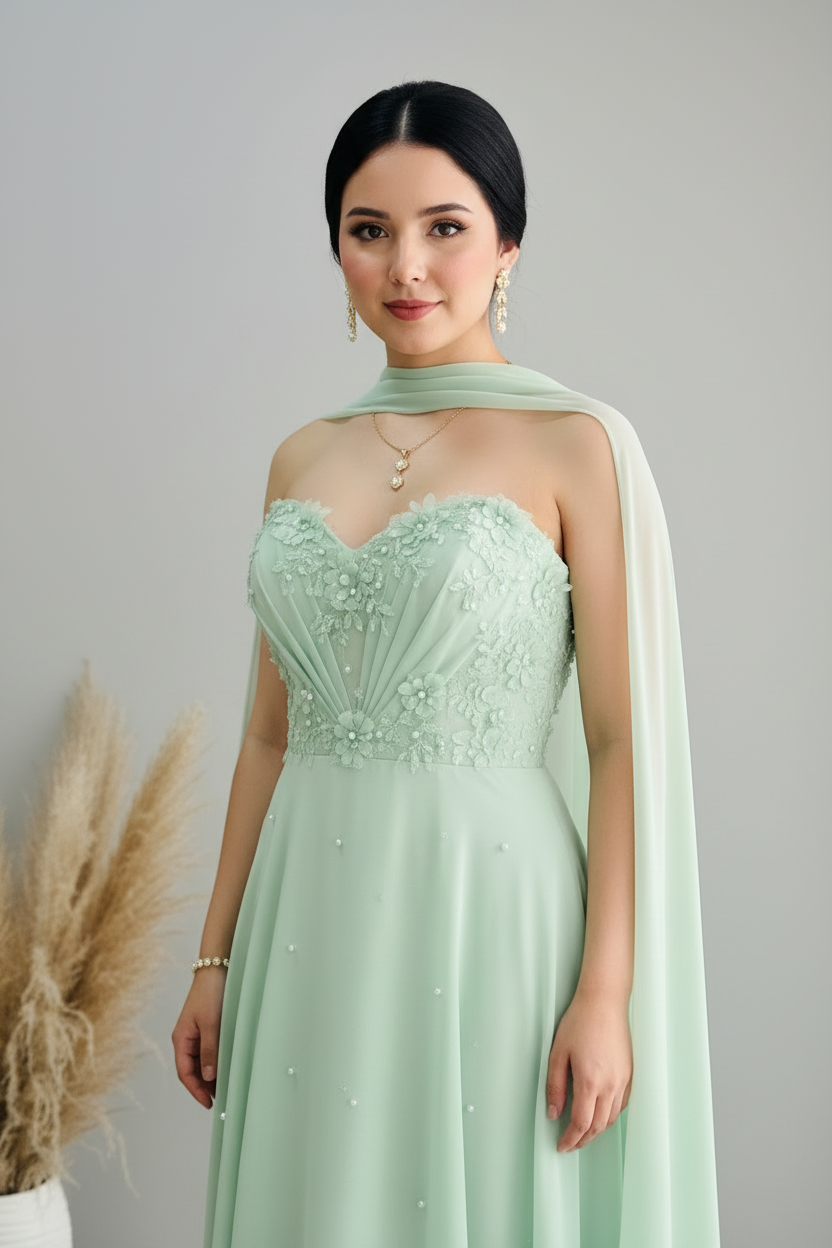 Vestido Verde Menta — Escote Corazón & Capa cod.849