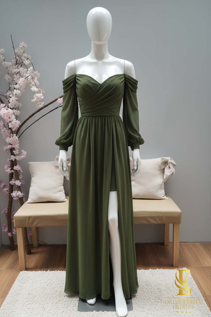 Vestido Verde Olivo Off-Shoulder cod.V338