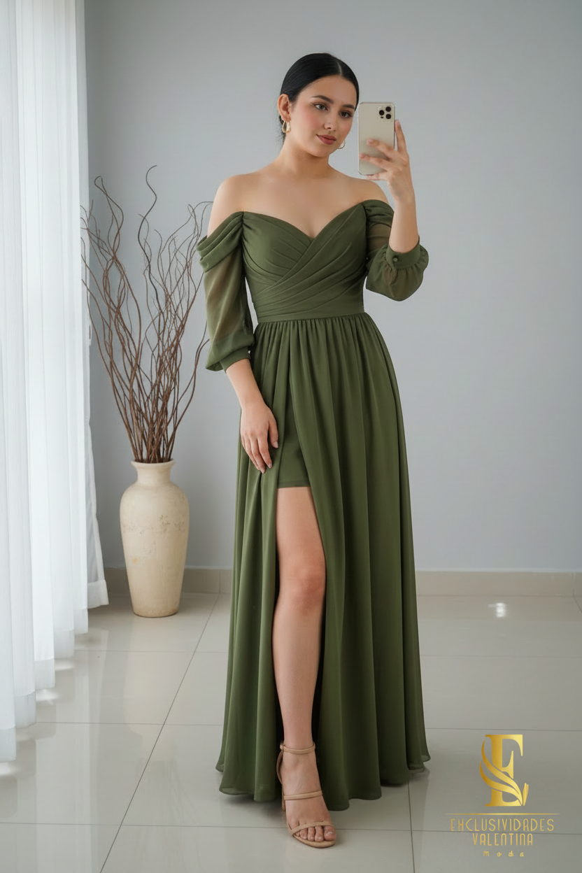 Vestido Verde Olivo Off-Shoulder cod.V338
