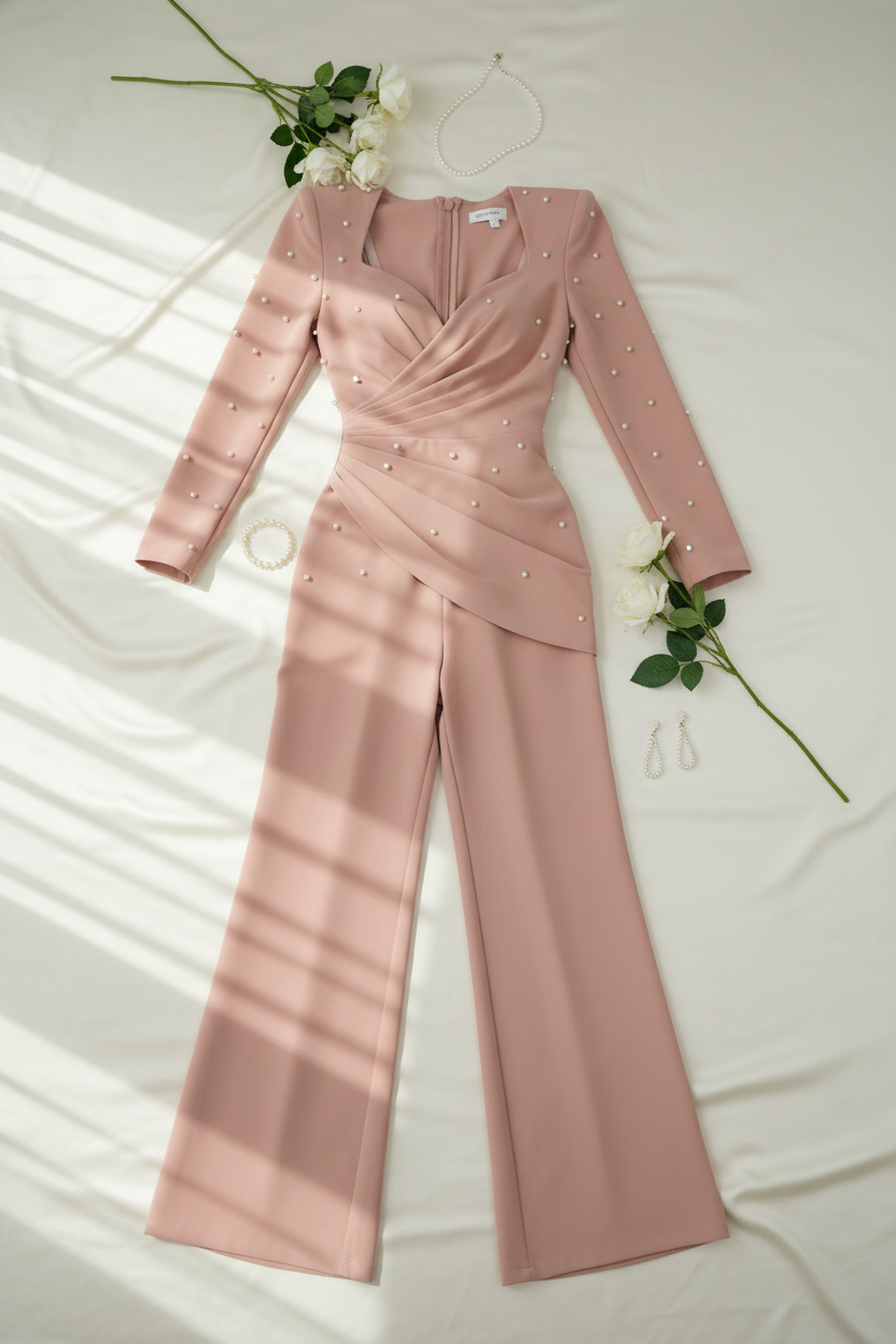 Enterizo blush rosa palo perlas escote cruzado pantalón wide leg C.1945