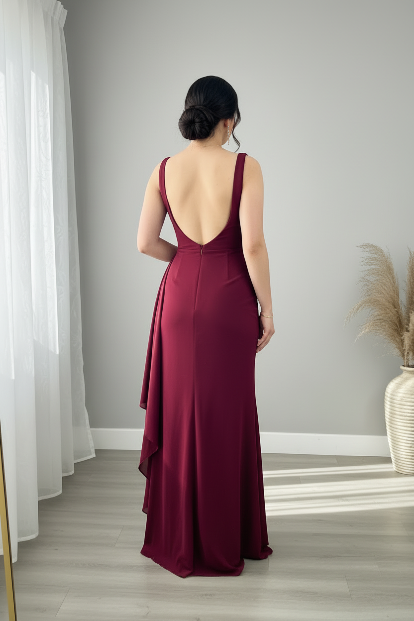 Vestido Largo Vino Borgoña — Escote V Cruzado, Drapeado Frontal & Abertura Lateral cod.890