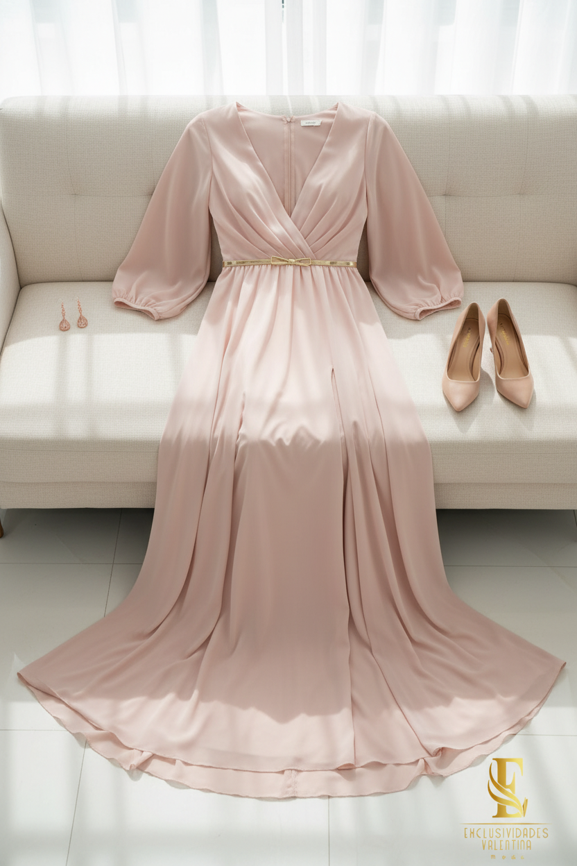 Vestido Rosa Palo Blush Largo Manga Globo Escote V Profundo Cinturón Dorado cod.V301