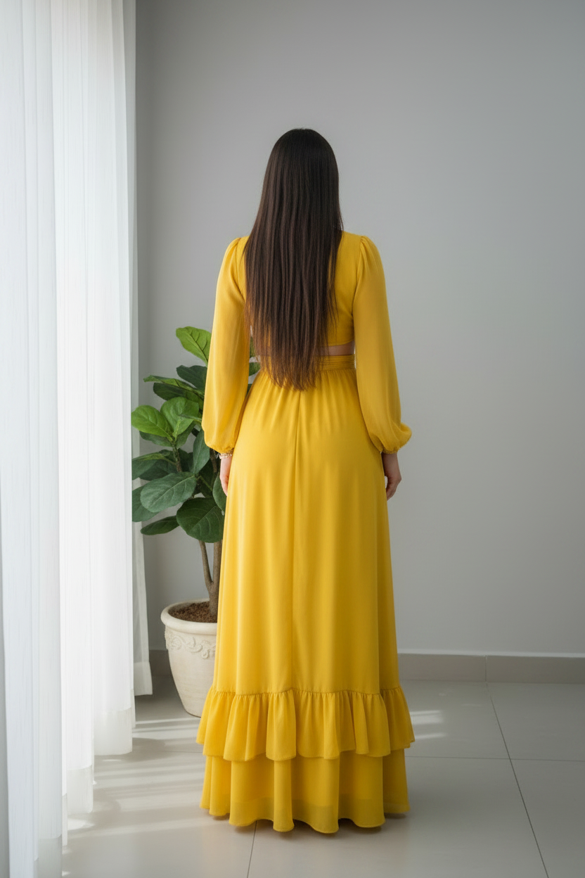 Vestido Amarillo Mostaza Maxi con Volantes cod.948