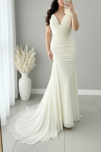 Vestido Novia Ivory Sirena Escote V Drapeado Rosa 3D Hombro cod.V0034
