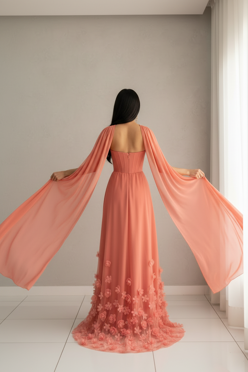 Vestido Coral Gala Corset Flores 3D Mangas Capa cod.V576