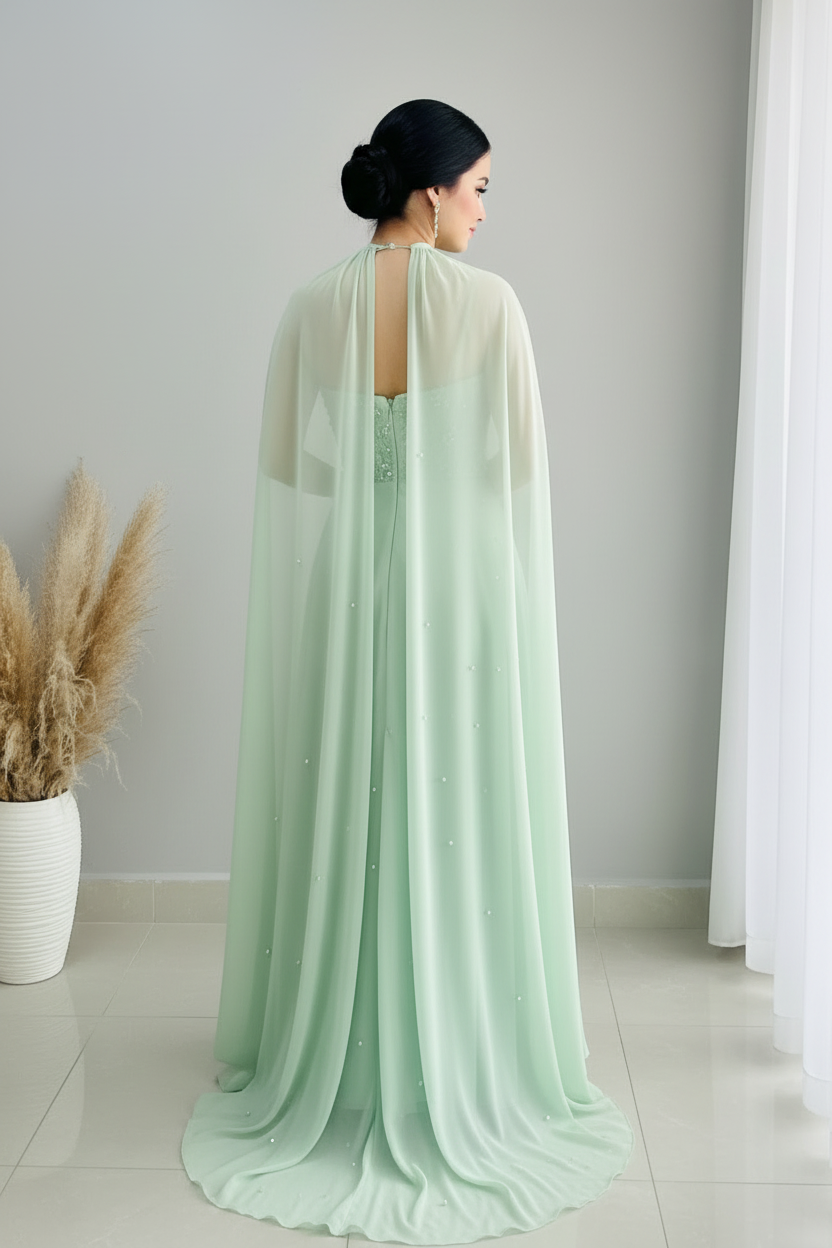 Vestido Verde Menta — Escote Corazón & Capa cod.849