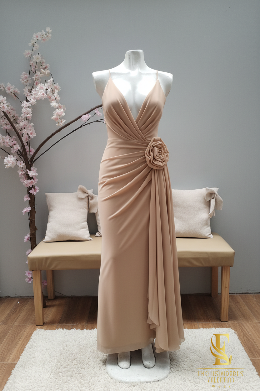Vestido Nude Stretch con Flor 3D cod.V342