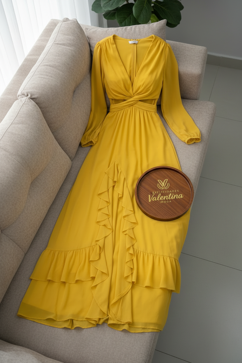 Vestido Amarillo Mostaza Maxi con Volantes cod.948