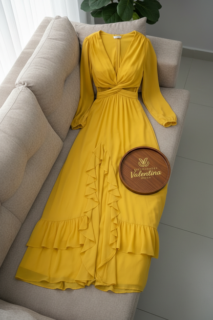 Vestido Amarillo Mostaza Maxi con Volantes cod.948