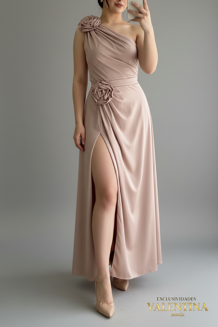 Vestido Nude Un Hombro con Rosas 3D V508