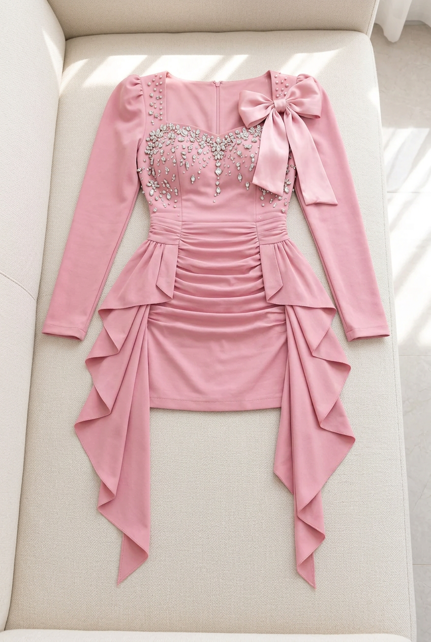 Vestido corto rosa con pedrería, lazo y volantes laterales cod. VC026