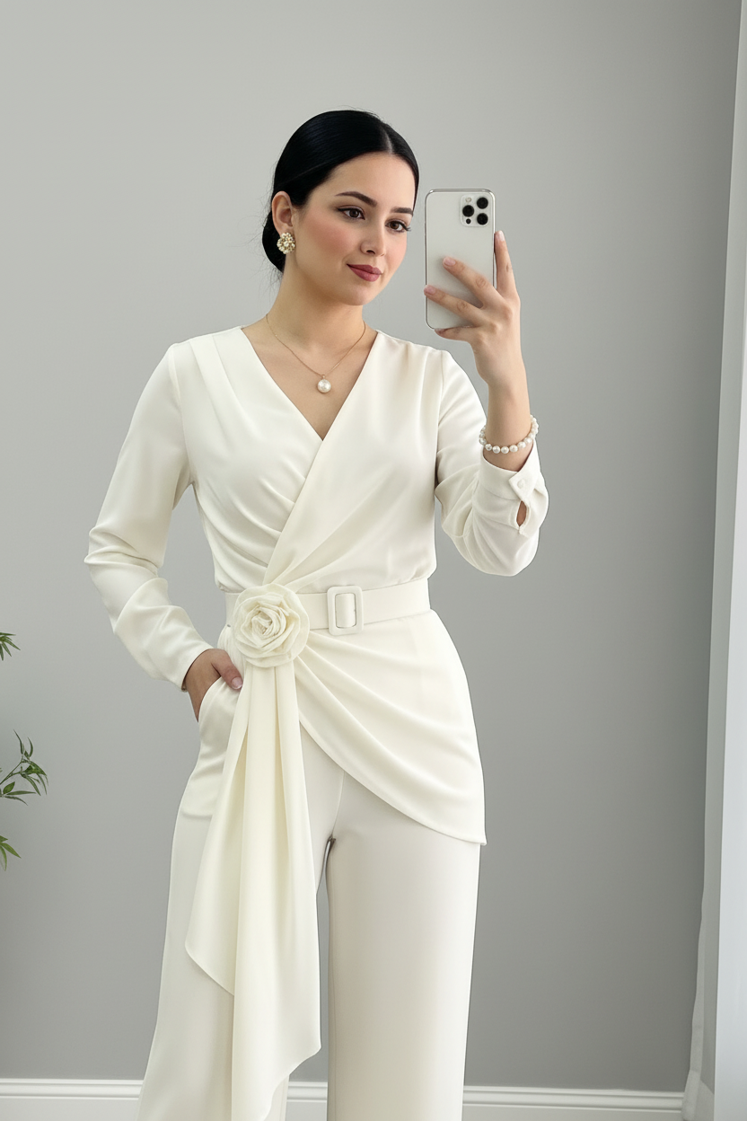 Jumpsuit Blanco Marfil — Escote V, Rosa 3D, Cierre Invisible & Caída Asimétrica cod.876