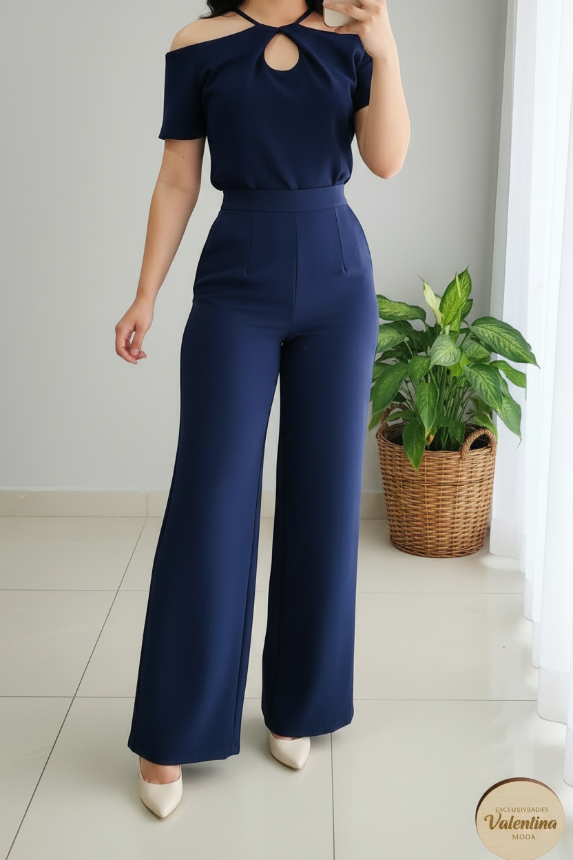 Jumpsuit Azul Marino Off-Shoulder Halter Keyhole y Palazzo cod.00141