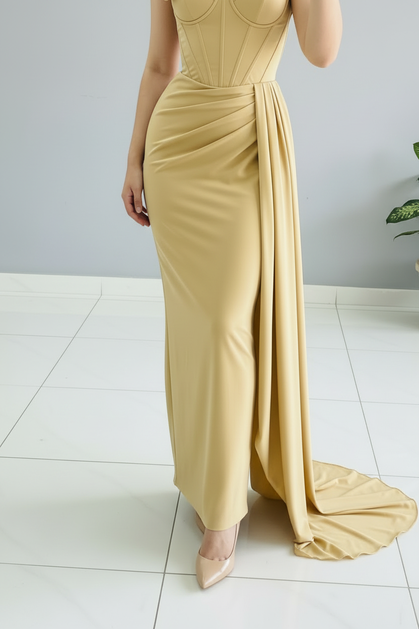 Vestido Golden Corset – Gown Dorado con Rosa & Cola Dramática cod.670