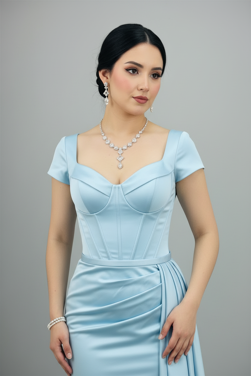 Vestido Sirena Azul Satén — Corset Ballenas, Escote Corazón & Drapeado Lateral Cola Amplia cod.886