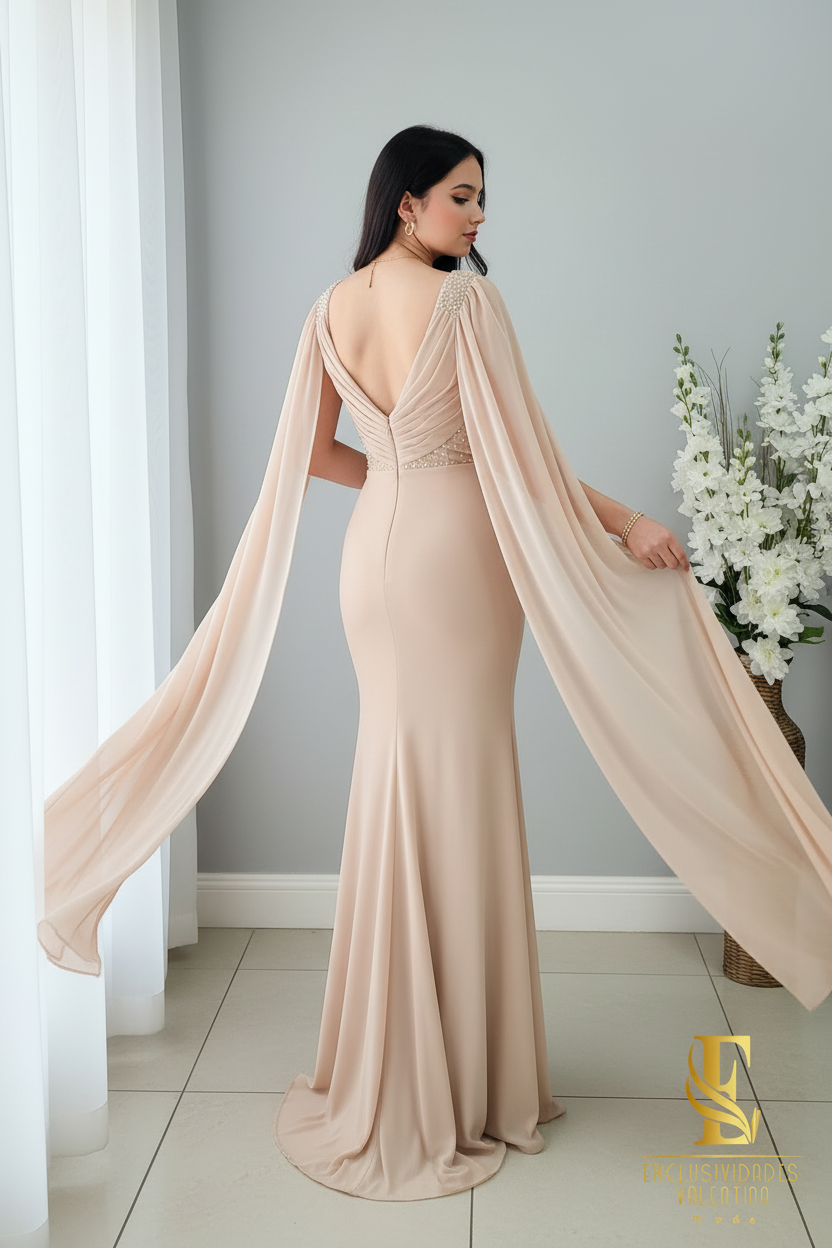 Vestido Sirena Nude Champagne | V-Neck Drapeado con Perlas y Mangas Capa cod.V512