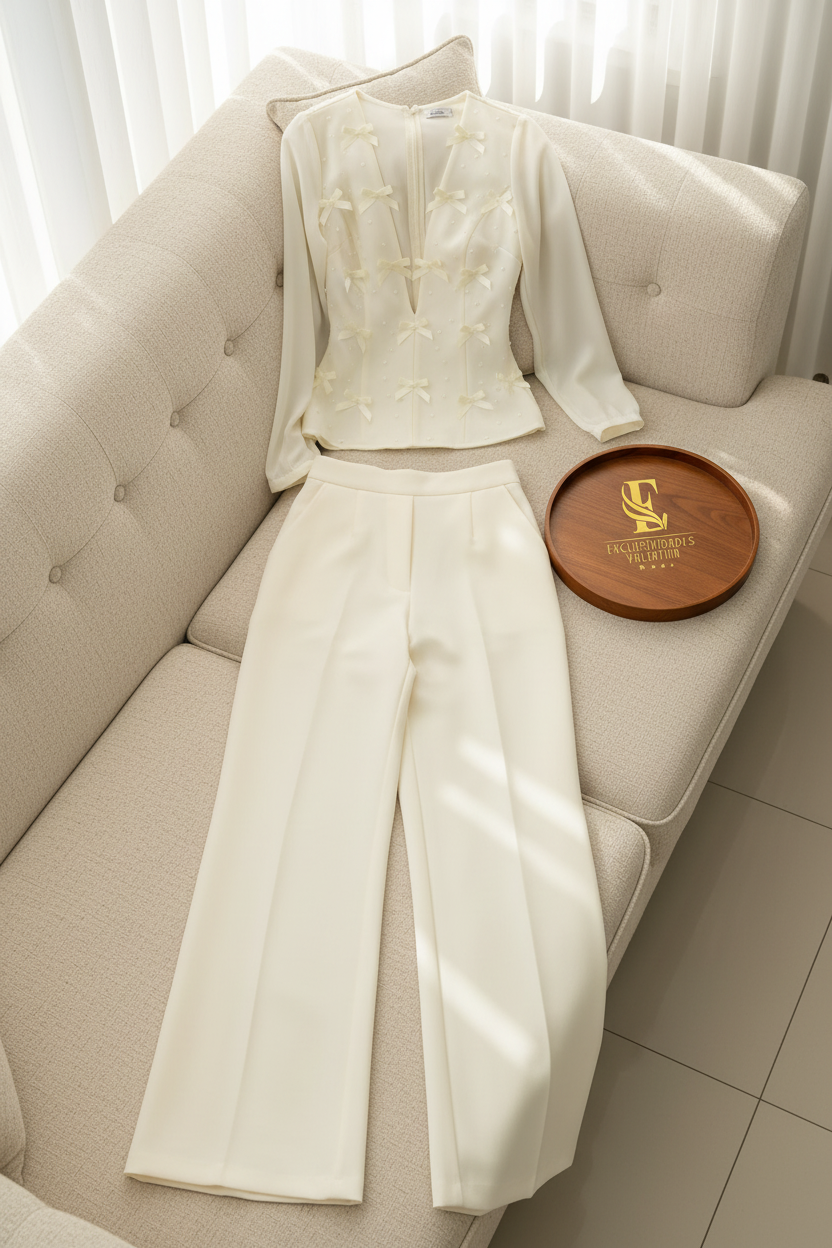 Conjunto Marfil — Top Lazos 3D & Palazzo cod.0042