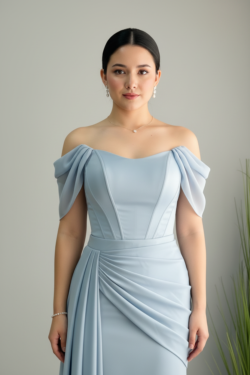 Vestido Azul Cielo Off-Shoulder Drapeado Maxi cod.V679