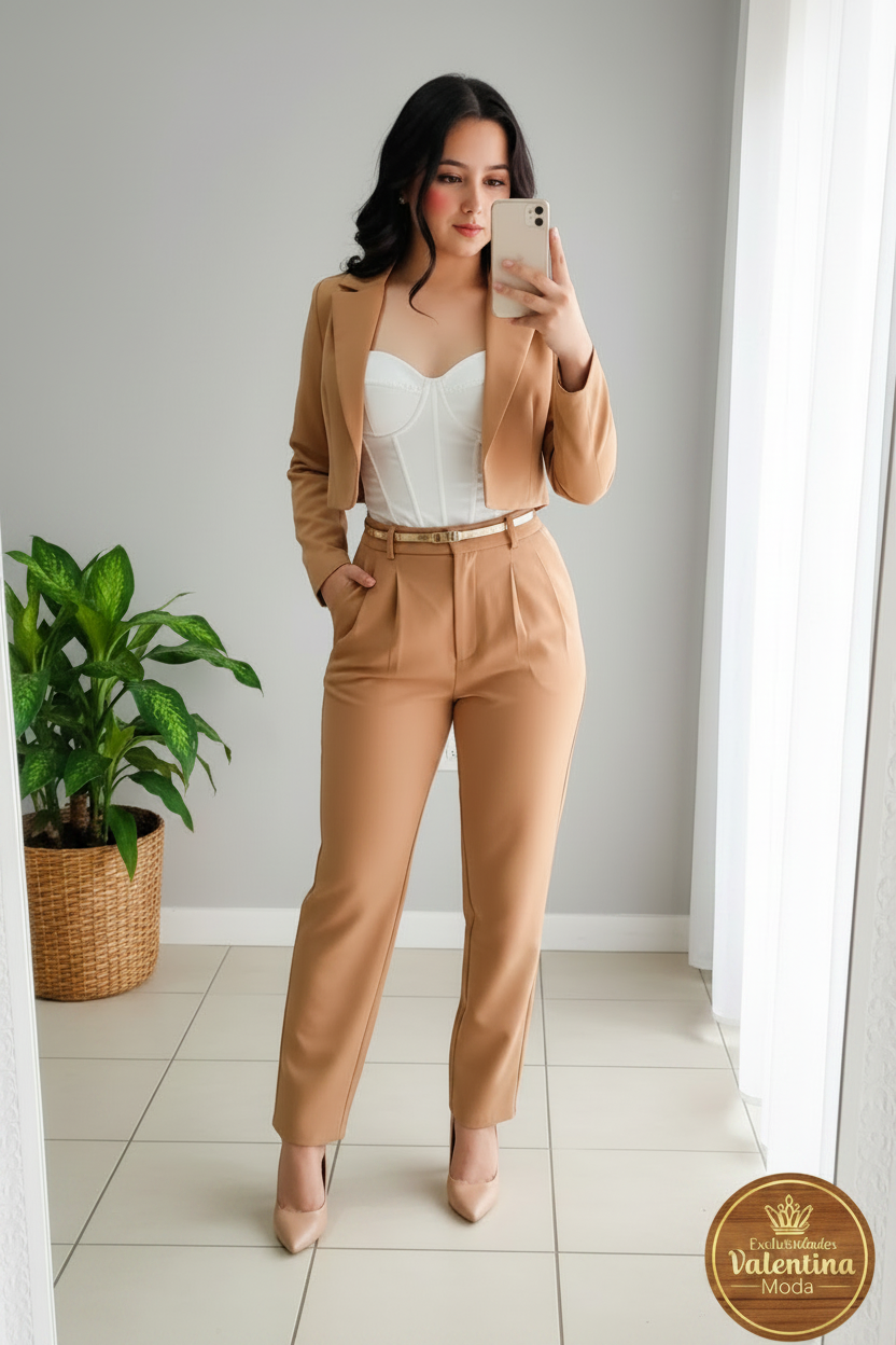 Conjunto Blazer Camel y top blanco cod.00148