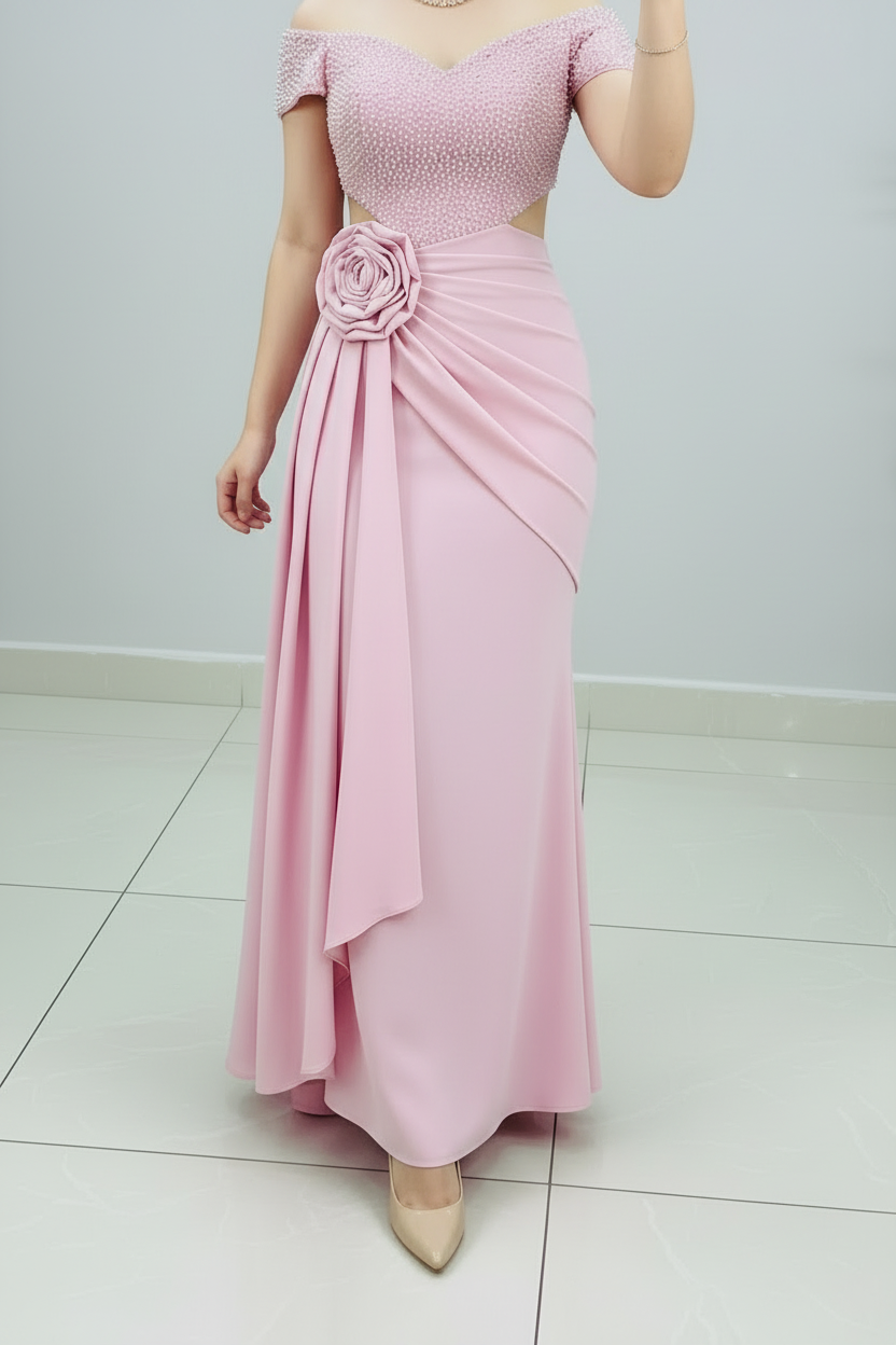 Vestido Formal Rosa Off-Shoulder Corset de Perlas con Rosa 3D y Falda Drapeada cod.531