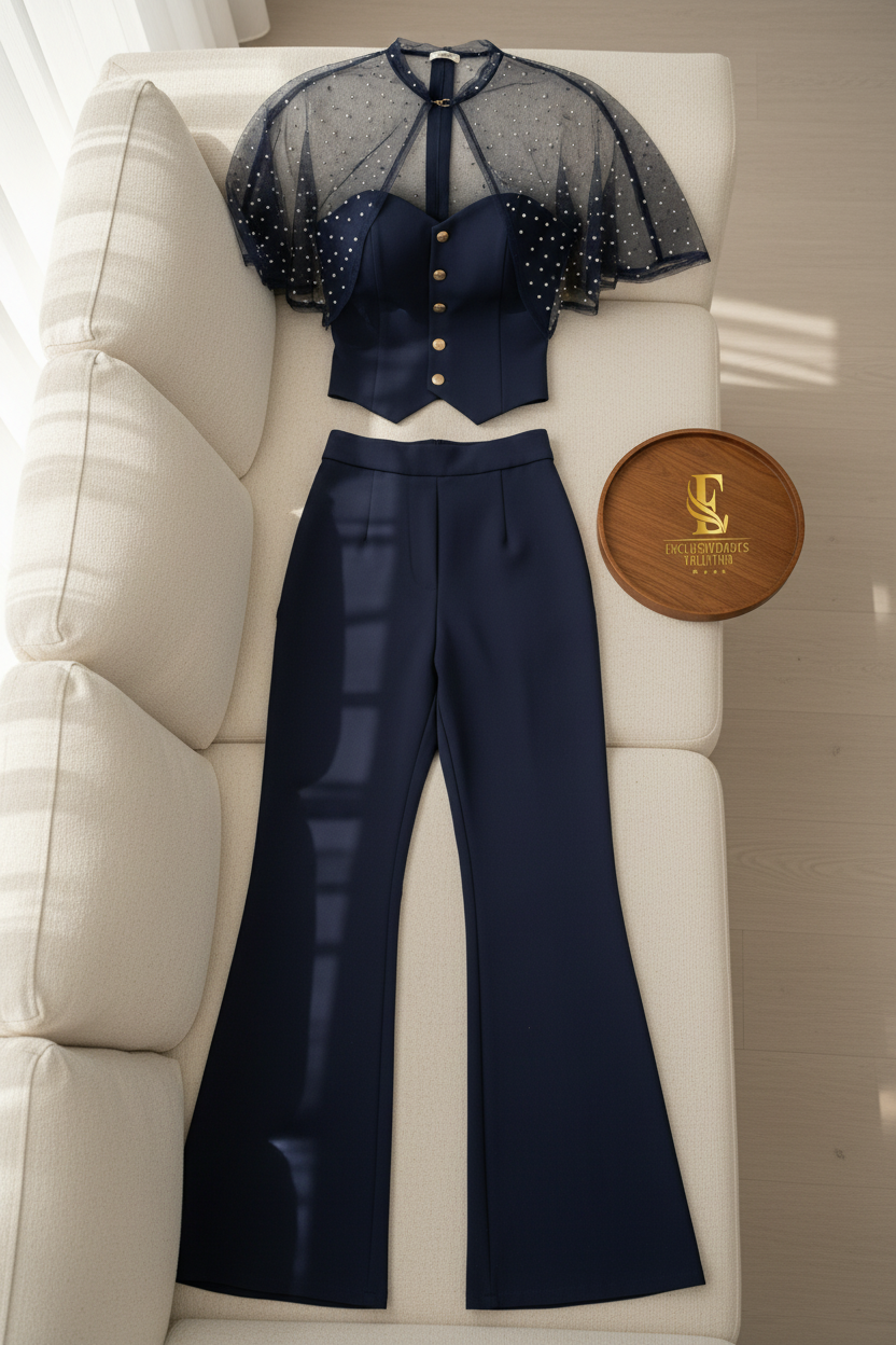 Conjunto Azul Marino — Corset con Capa de Tul & Palazzo cod.0031