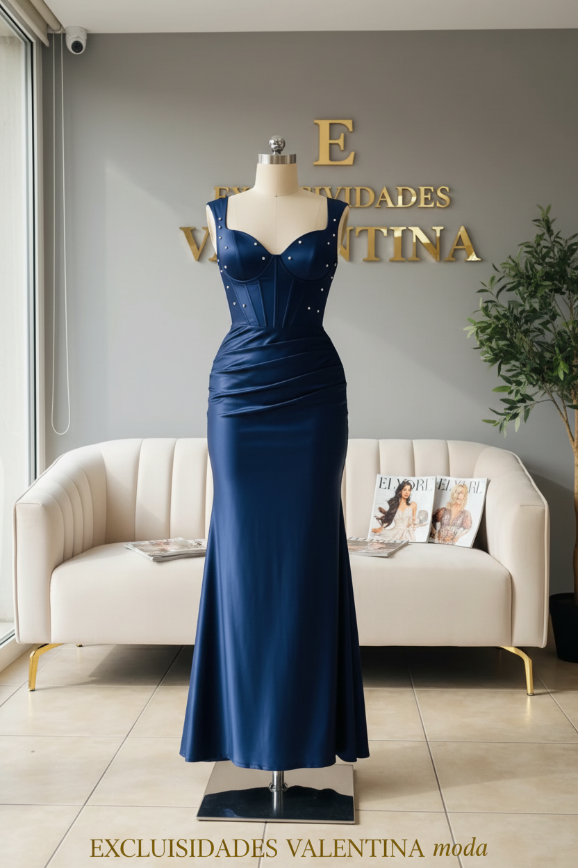 Vestido Sirena Azul Marino Satén con Perlas y Corsét cod.V856