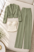 Conjunto verde salvia blazer con lazos 3 piezas , cod. CJ010