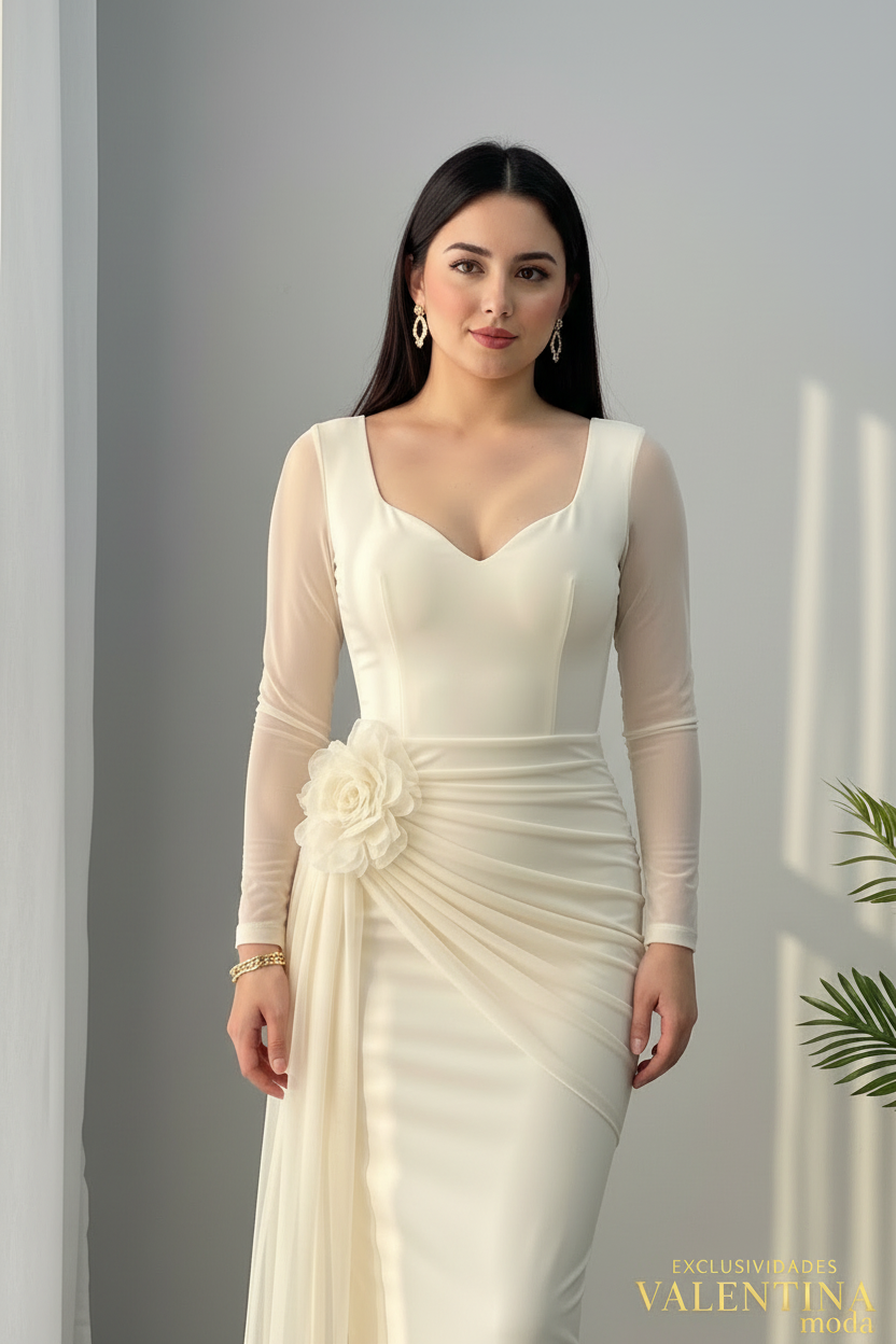 Vestido Largo Blanco Crema Flor 3D Manga Tul cod.V715