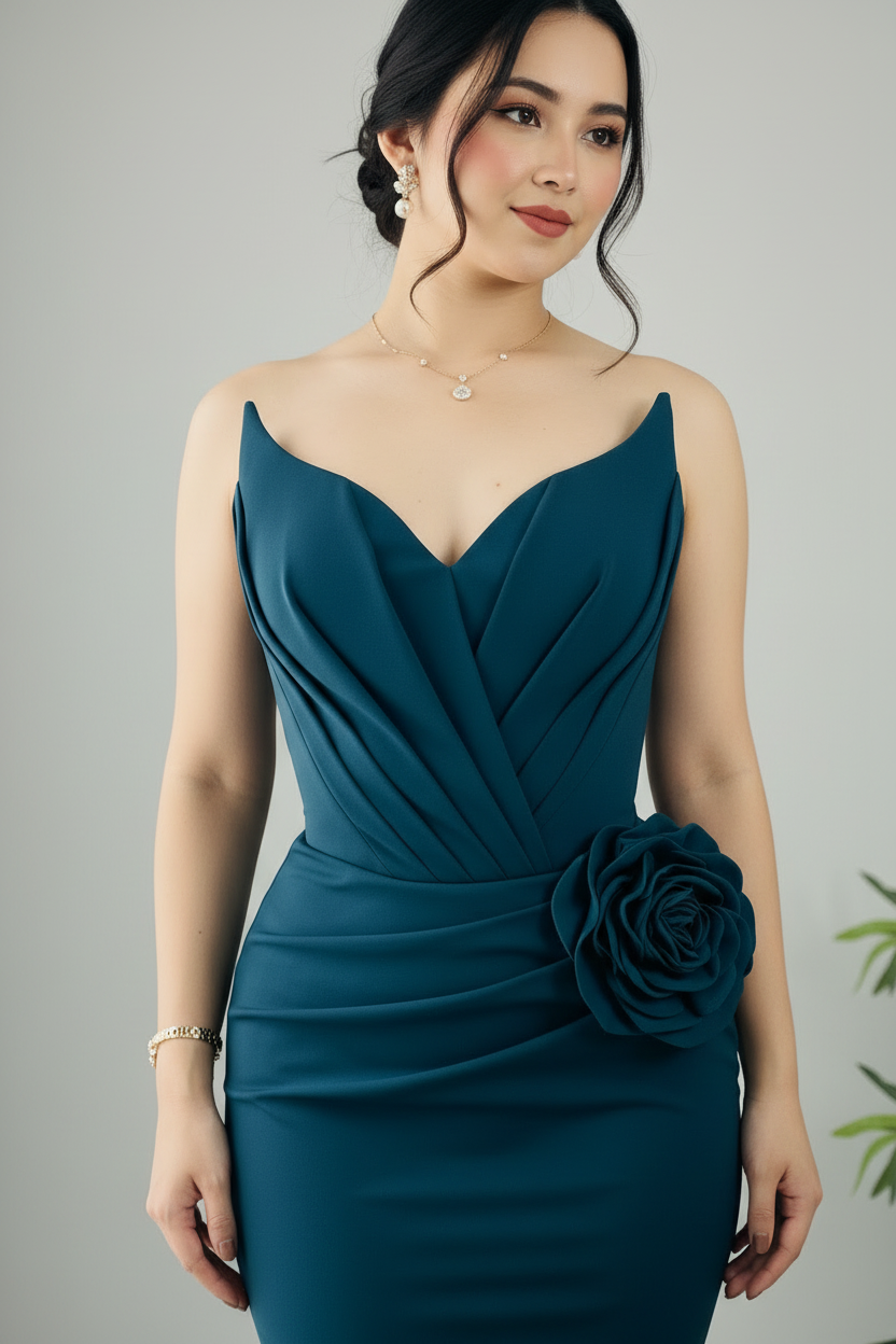 Vestido Sirena Azul Petróleo — Escote V, Tirantes Finos, Rosa 3D Cadera & Espalda Corset cod.897
