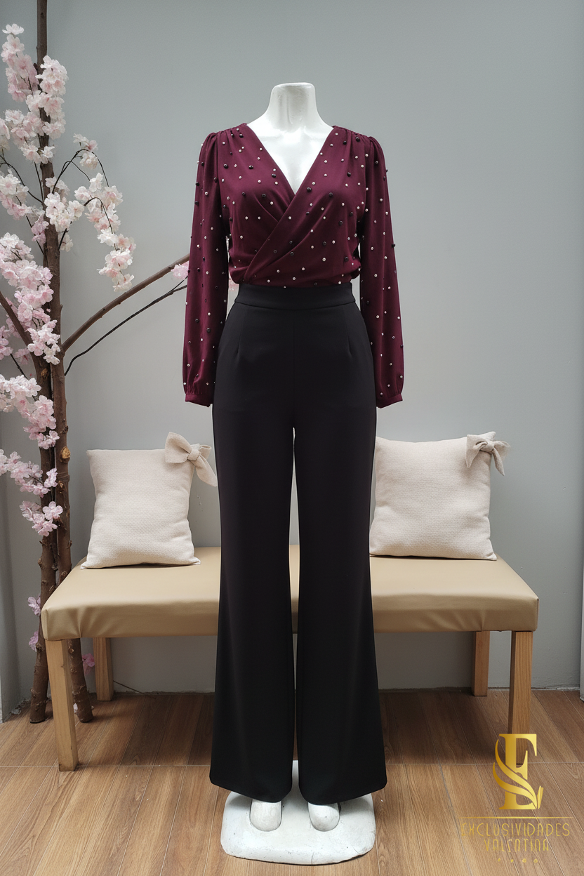 Conjunto Vino Borgoña Blusa Cruzada Perlas + Palazzo Negro cod.C303