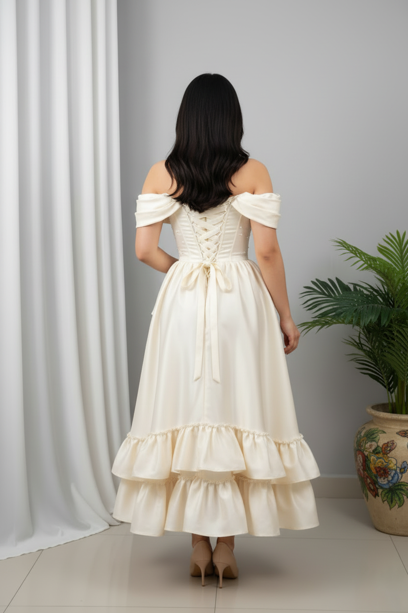 Vestido Ivory Volantes Off-Shoulder cod.993