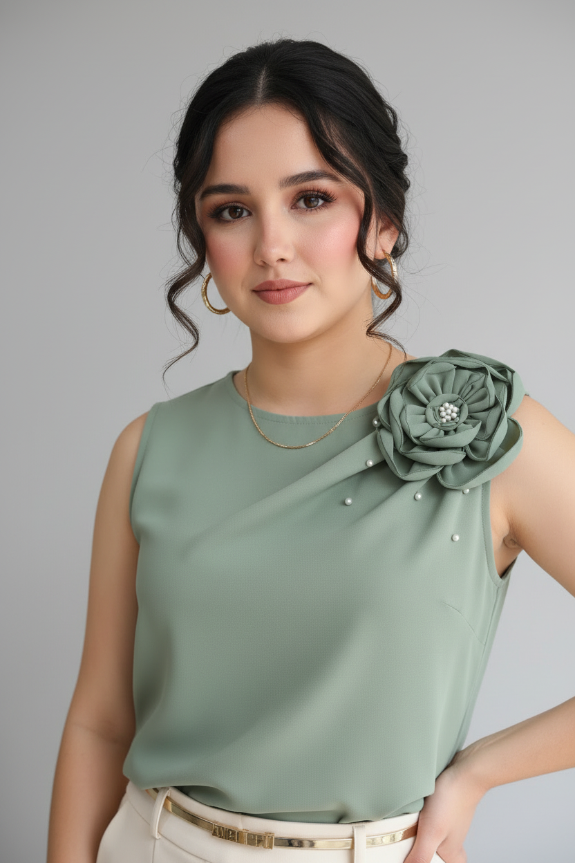 Blusa Verde Sage Sin Mangas con Rosa 3D y Detalles de Perlas cod.532