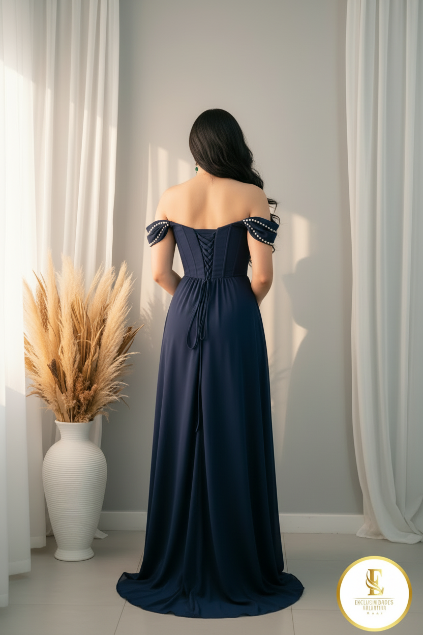 Vestido Azul Marino Off-Shoulder Perlas cod.00173