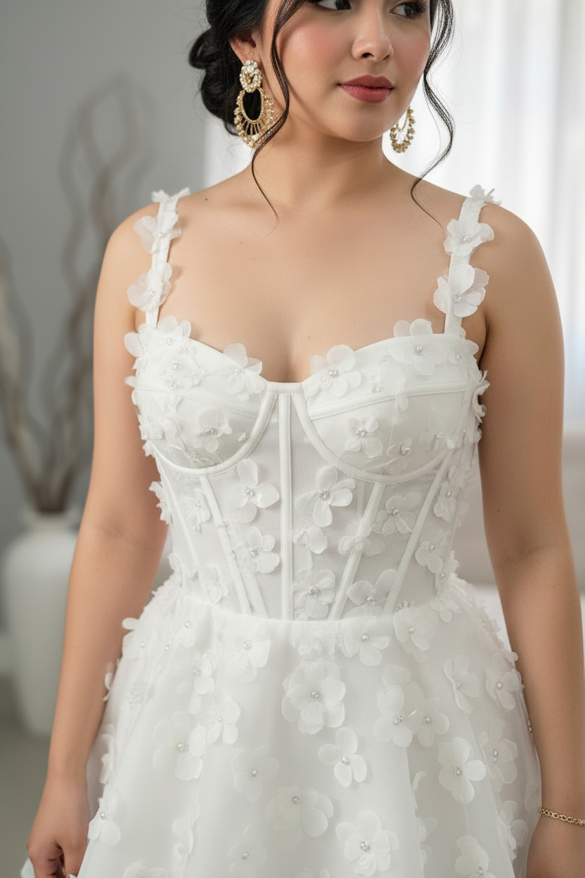 Vestido Corto Blanco Corset con Apliques Florales D cod.V598