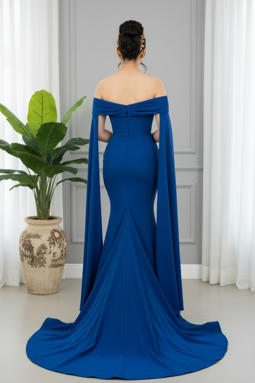 Vestido Azul Royal Off-Shoulder Mangas Capa cod.0012