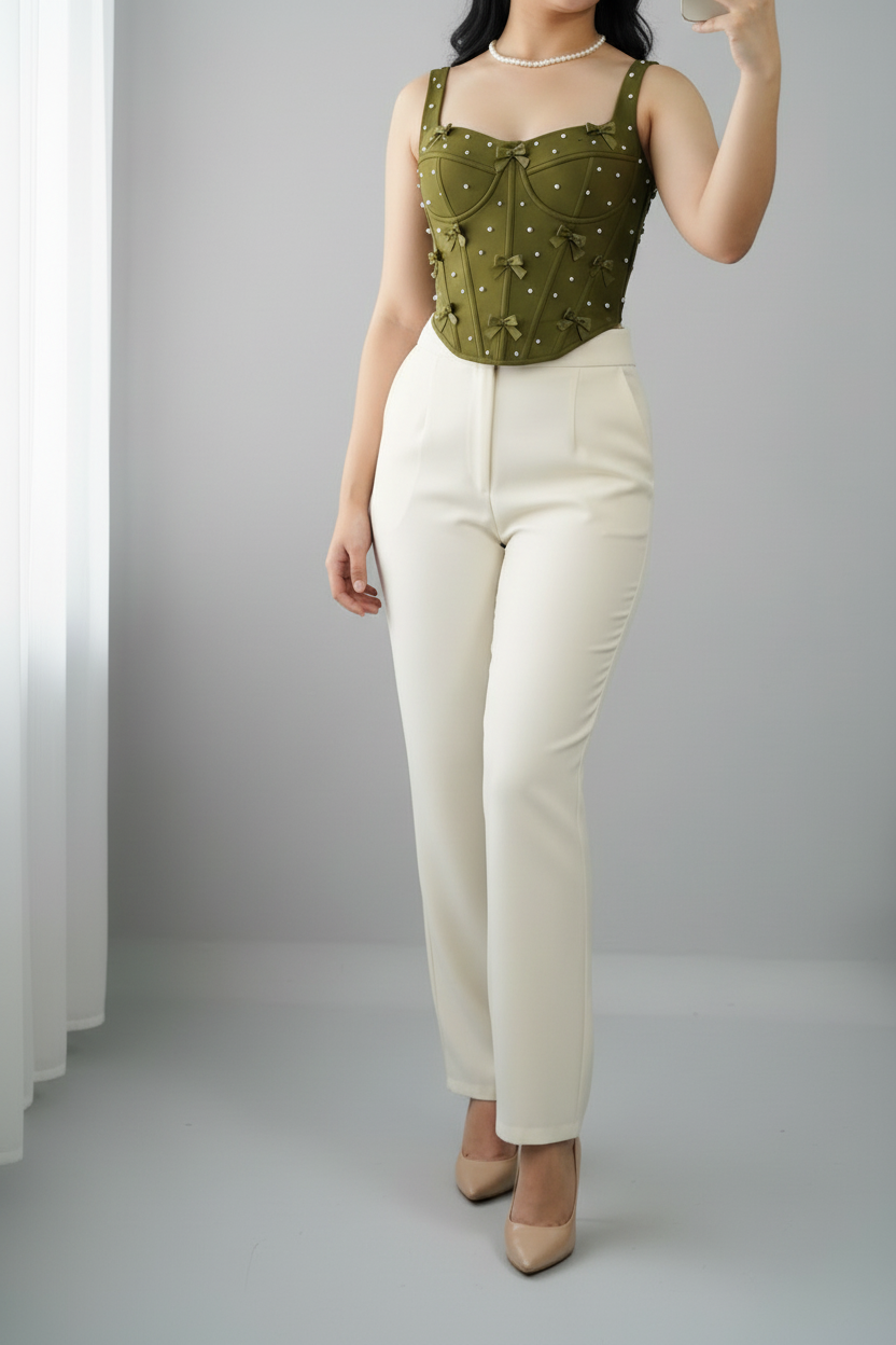 Conjunto Corset Verde Oliva con Lazos y Perlas y Pantalón Recto Crema cod.739