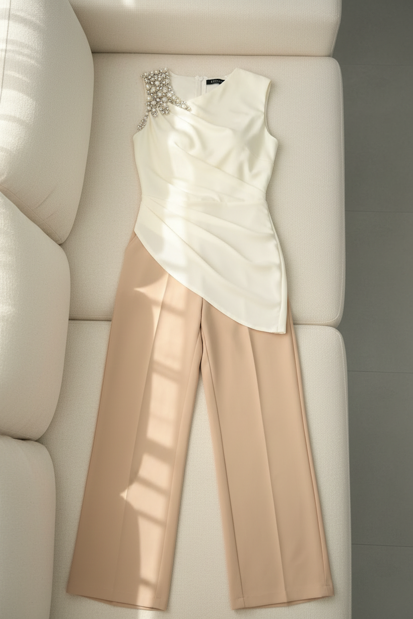 Blusa Asimétrica Blanca Drapeada con Pedrería en Hombro cod.B600